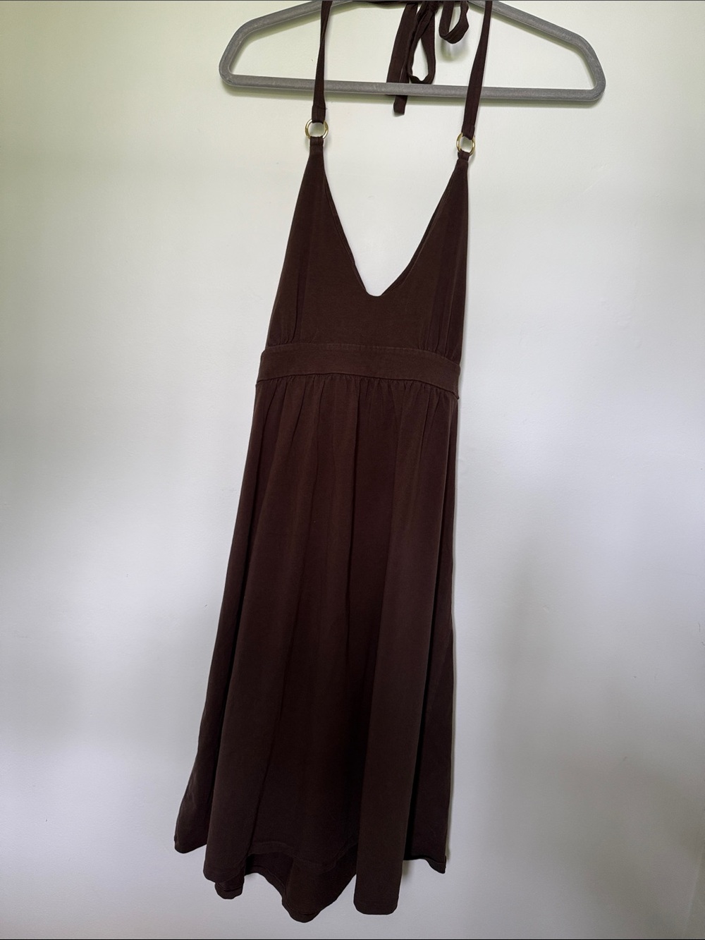 Brown Halter Midi Dress with Deep V Neck